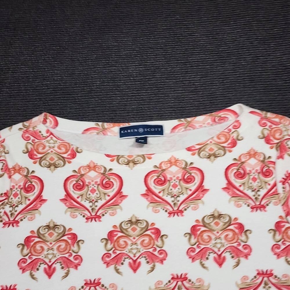 Karen Scott Top Womens Petite Medium PM White Pink Damask Short Sleeve Pullover - Picture 3 of 8